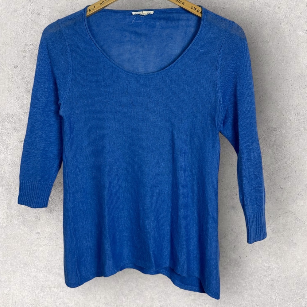 Eileen Fisher 100% Linen Blue Knit Top Size P or XS Petite Lightweight Sweater